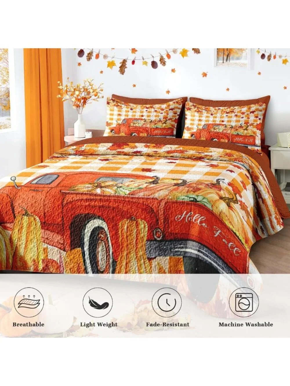 Cozy King Fall Quilt Set - 3 Piece Autumn Truck Bedding, Perfect for Seasonal
